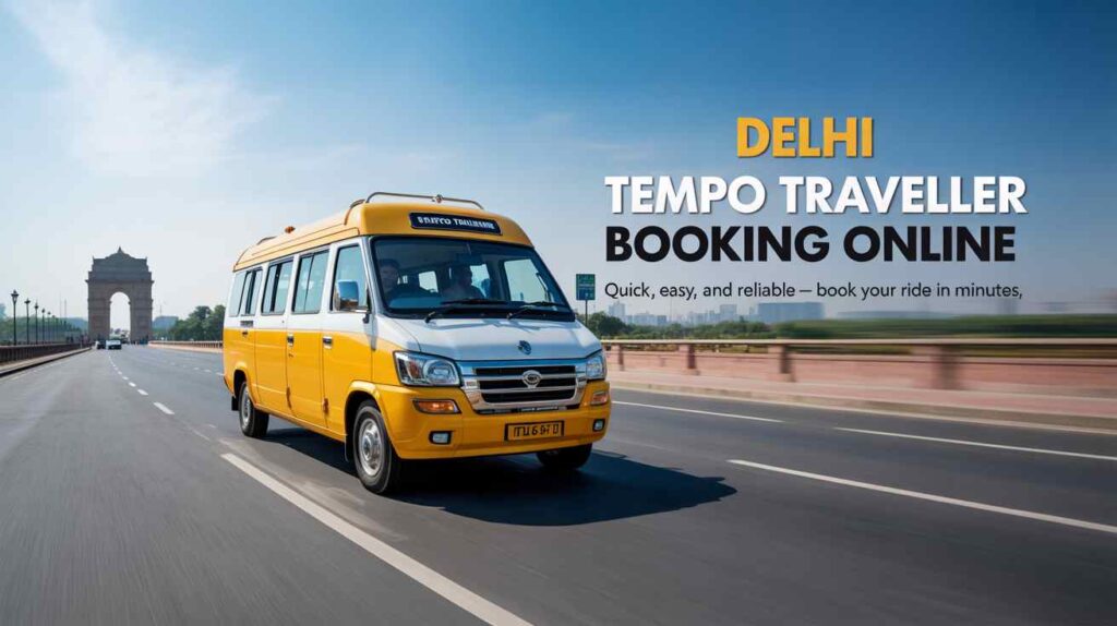 Delhi tempo traveller booking online by Ishita Tours & Travels showing a clean white tempo traveller ready for city and outstation trips.