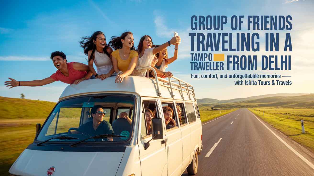 Group of friends traveling in a tempo traveller from Delhi by Ishita Tours & Travels, enjoying their road trip together