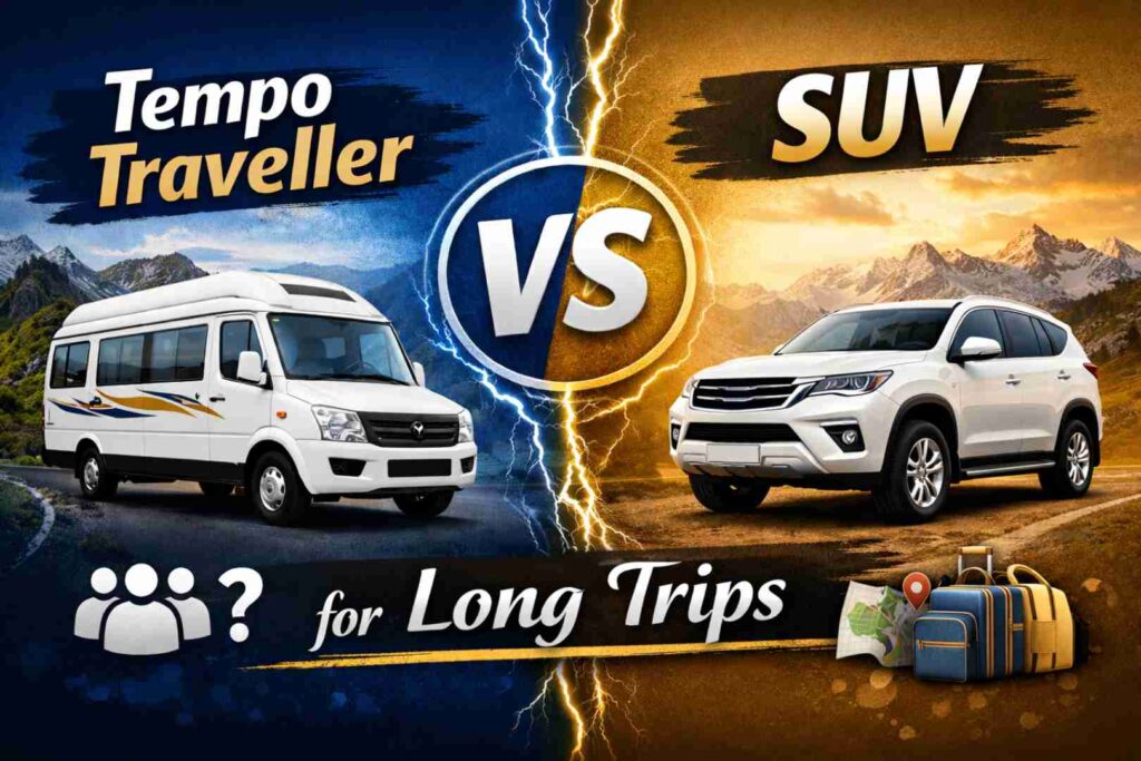tempo traveller vs SUV for long trips comparison showing seating space, comfort, and luggage capacity differences