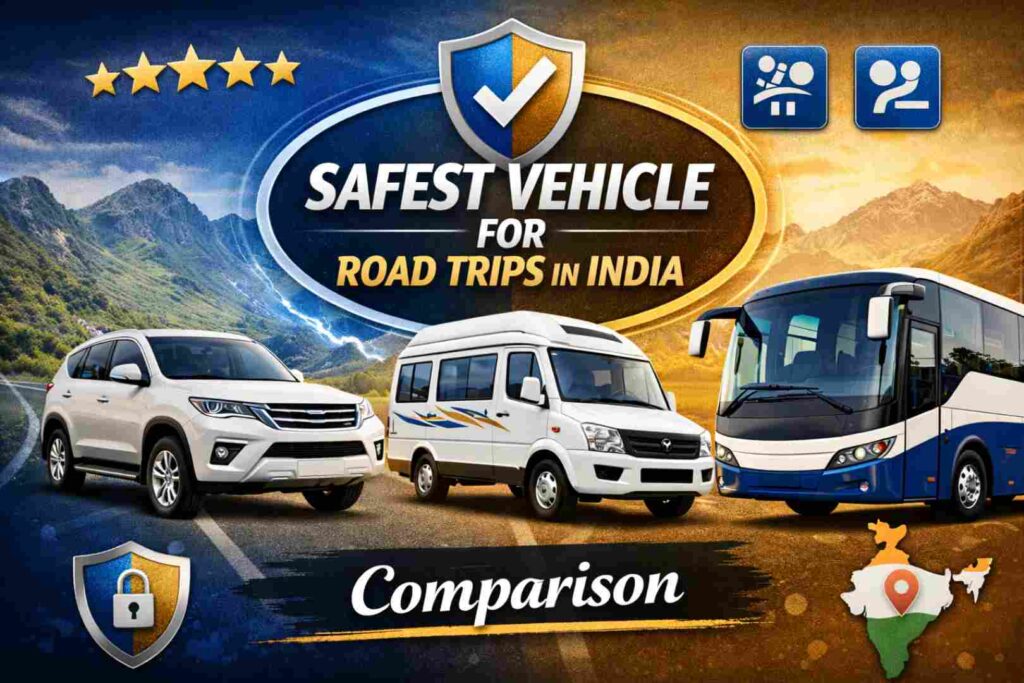 safest vehicle for road trips in India showing tempo traveller on highway with comfortable and stable seating